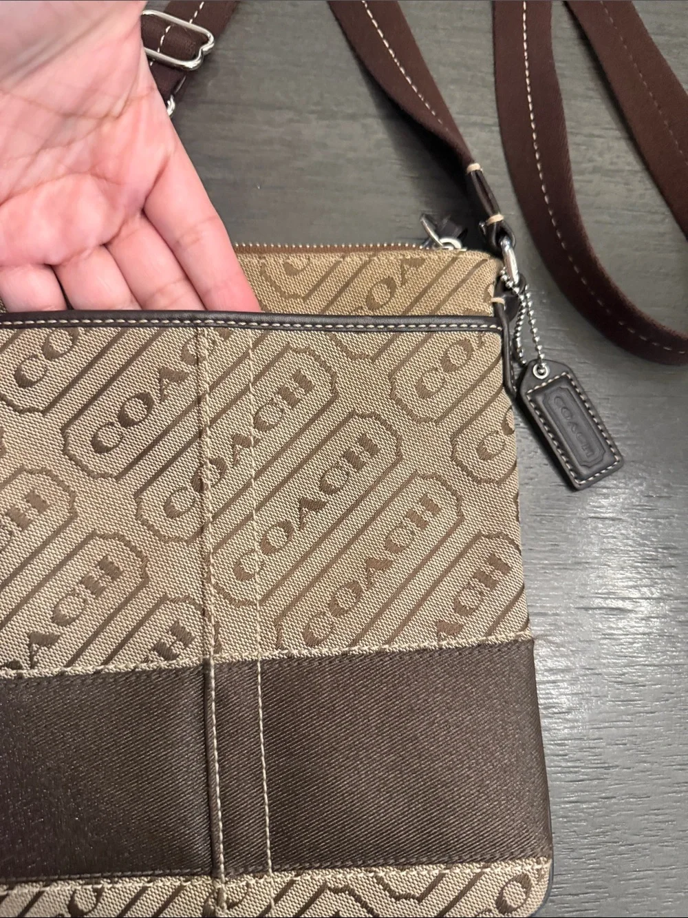 Coach Signature Jacquard North South Swingpack Crossbody Bag Brown Tan